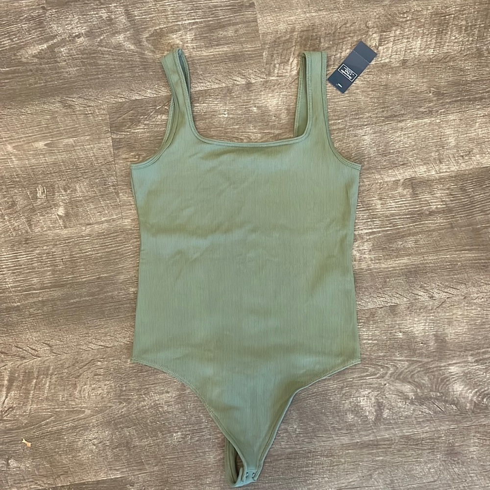 Olive green, thong, ribbed bodysuit by Abercrombie.